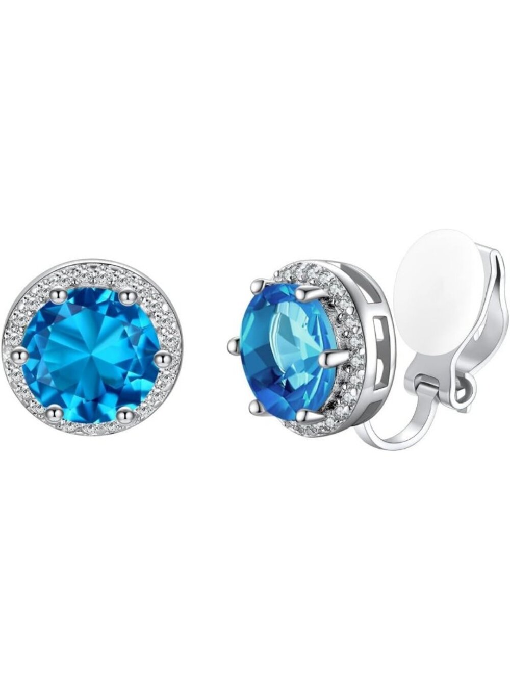 8MM Silver Clip-On Stud Earrings with Birthstone & Cubic Zirconia - Non-Pierced